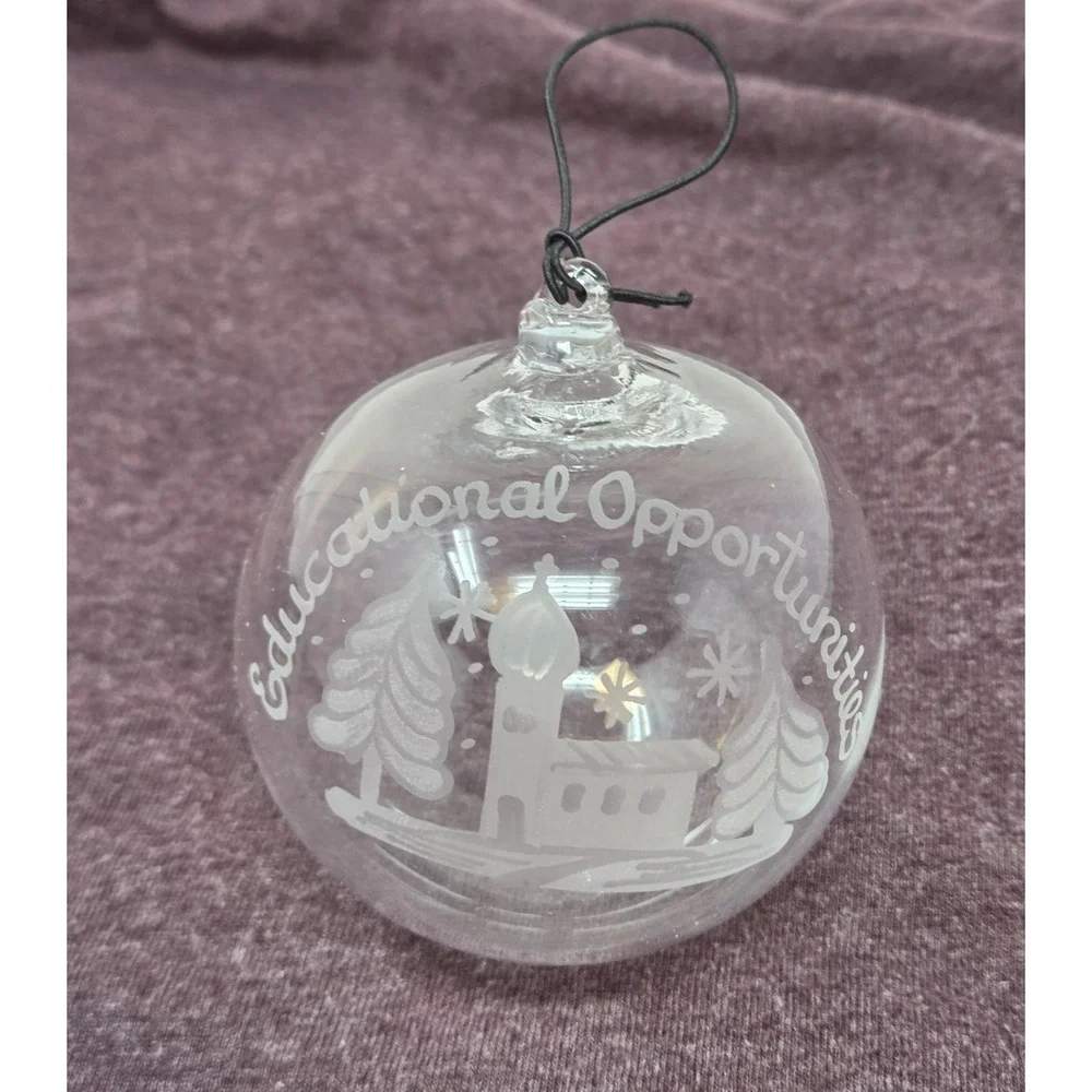 Clear Glass Ball Ornament Etched Church Chapel Pine Trees Snowflakes Christmas